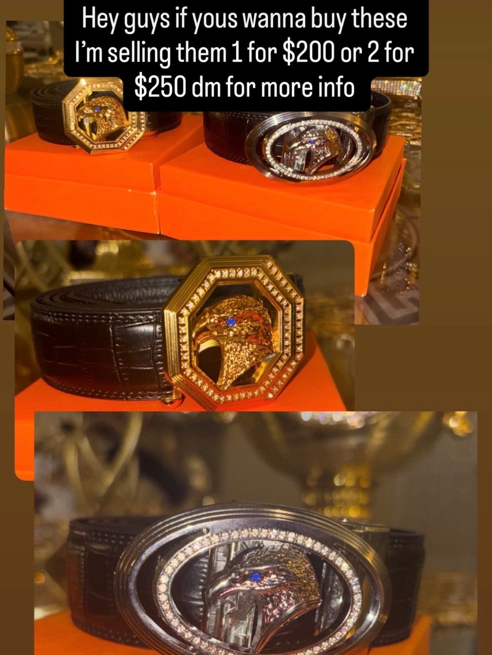 Stefano Ricci Black Leather Belt with Gold and Silver Eagle Buckles
